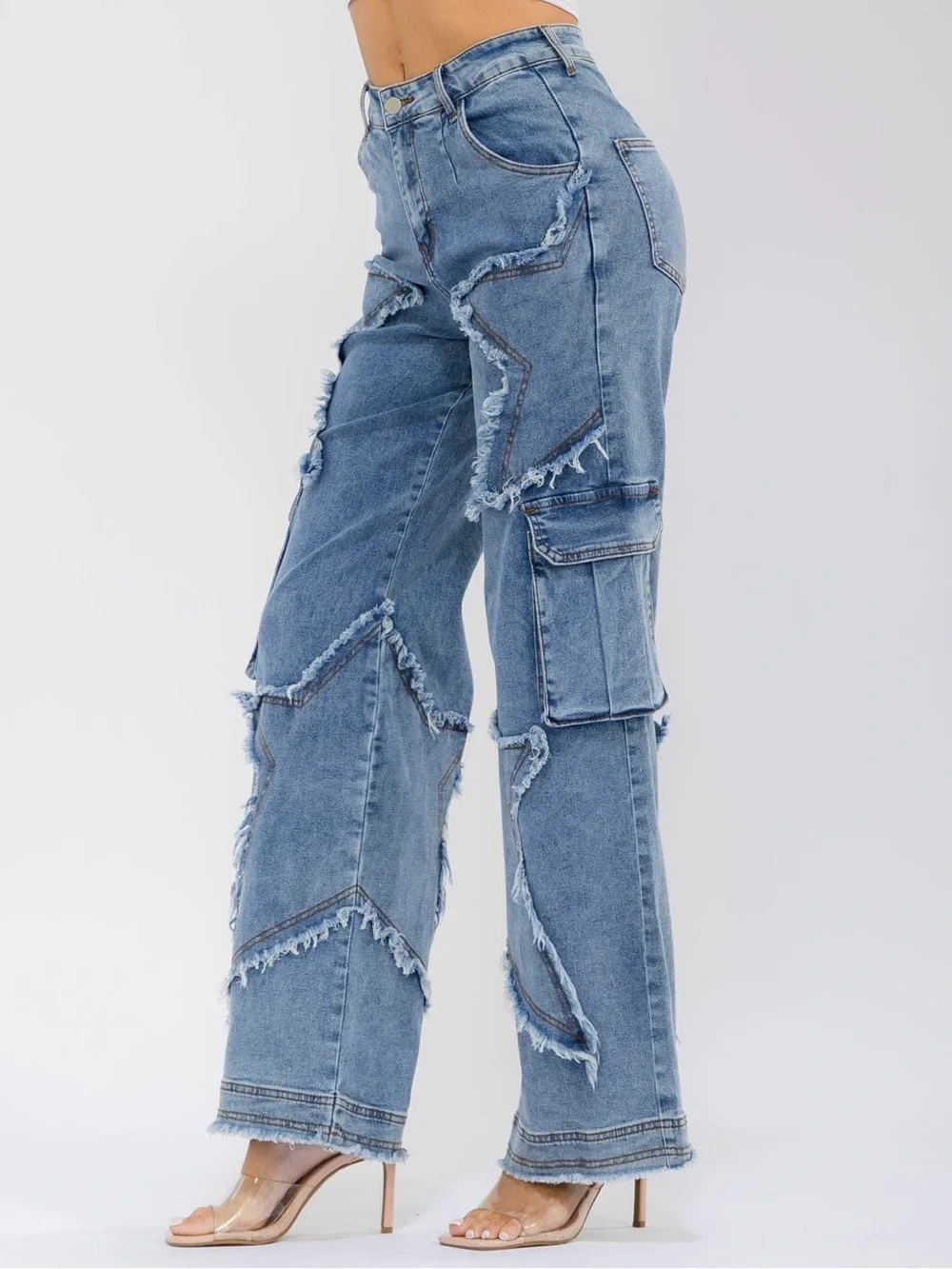 Frayed Patchwork Wide-Leg Jeans - Blue - Picture 2 of 5
